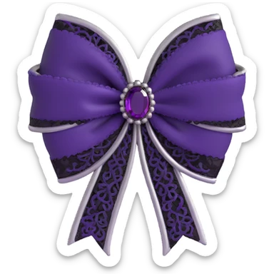3D emoji gothic bow, deep violet velvet, ornate silver brooch, and black lace trim sticker