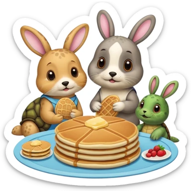 A seal, dog, bunny and turtle together eating pancakes sticker