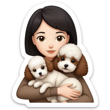Woman with short black straight hair hugging a brown poodle and a white bichon frise sticker