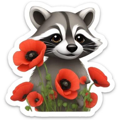 raccoon with poppies sticker