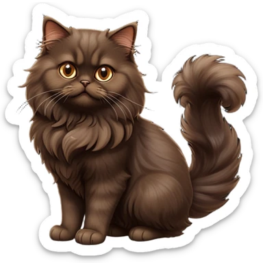 cinematic-[dark brown persian cat]-realistic-full-body-sitting-emoji,-tail-curled-playfully-around-its-paws,-head-tilted-dramatically,-fluffy-[dark brown]-fur,-simplified-yet-realistic-focused-features,-highly-detailed,-glowing-with-an-almost-sarcastic-glow sticker