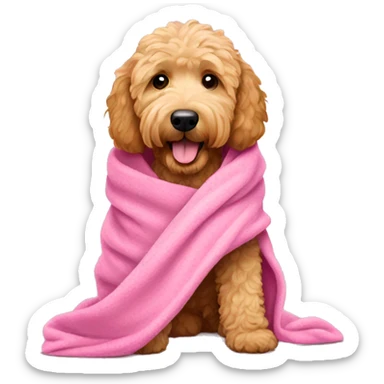 golden doodle wrapped in a pink blanket sticker