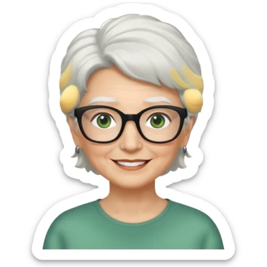 White hair grandma, green eyes, hair to shoulder, lokeg black glasses, rectangles face, smile , sticker