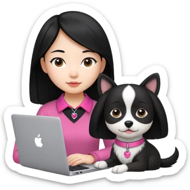 Asian girl with long black hair working on an Apple laptop, next to her is a small black and white dog with pink collar on  sticker