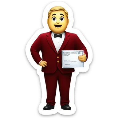 fat guy in dark red velvet suit holding cheque sticker