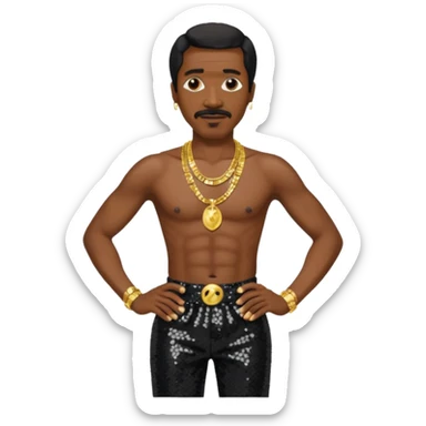 Ike Turner with black sequin baggy pants, shirtless with necklace sticker