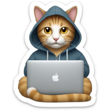 cat with hoodie and a macbook sticker