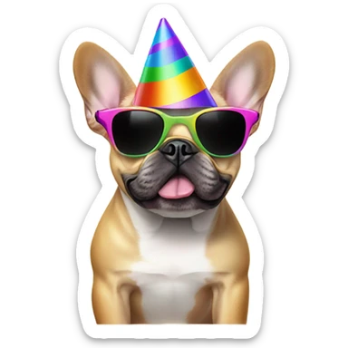 French bulldog with sunglasses wearing a party hat sticker