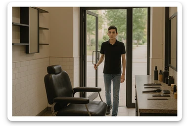 Shu odamni sartaroshxonaga kirib kelayapti  o'smirin davri rakurs ichkaridan sartaroshxona eski ham yangi ham emas bolani juda semiz qilib yuborma  u ozg'inroq bo'lsin huddi sartaroshxonani  hammadan oldin kelib ochsin sticker