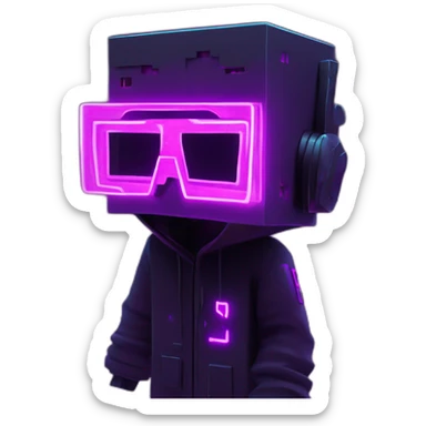 Minecraft Creeper wearing a black hoodie with "OMG" letters on it and VR headset in a cyberpunk VR environment with violet neon lighting. sticker