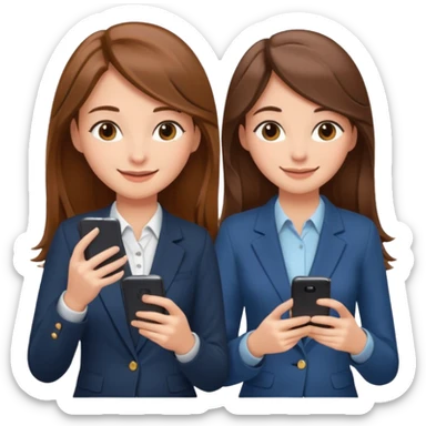 two brown haired girls, looking professional maybe leaned back on back and looking forward and using phones, with longer hair and with some cute clothes sticker