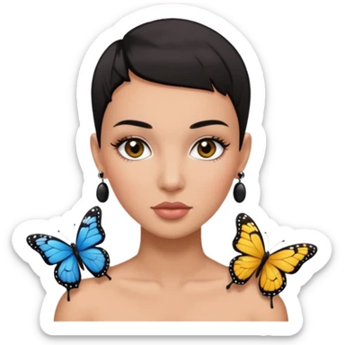 Lady with black buzz cut hair and lashes wearing 4 black earrings holding a butterfly sticker