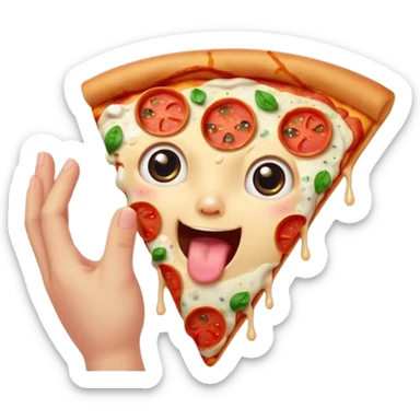 bitten pizza slice with big sparkling eyes, drooling mouth, blushing cheeks, hands reaching toward it, colorful, expressive, minimalistic, modern emoji style sticker
