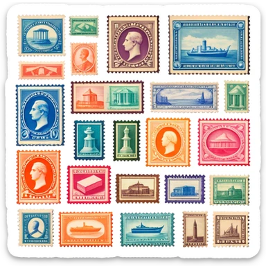 Icon for Stamp Collecting: a collection of vintage and colorful stamps arranged in an album or on a desk, with a large stamp block in the center showcasing different themes. The icon should reflect the charm and history of philately. Transparent background. sticker
