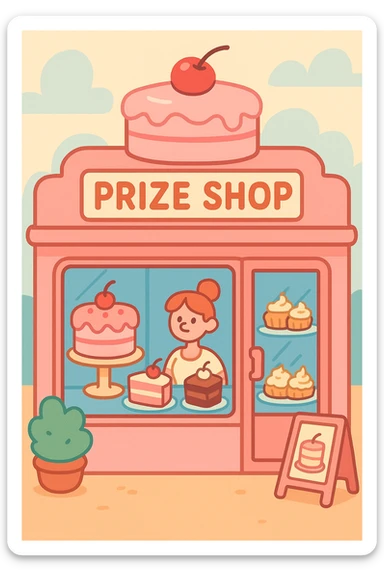 pastel pink cake bakery storefront with a large window, a sign above reading 'Prize Shop', decorated with cakes and pastries, pastel color palette, charming and cute sticker