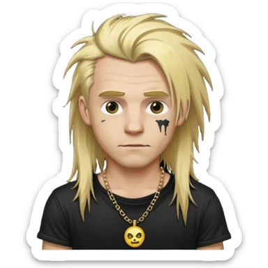 make a iphone emoji who is a white man that looks punk with messy blonde long hair with a black punk shirt and a golden neckless sticker