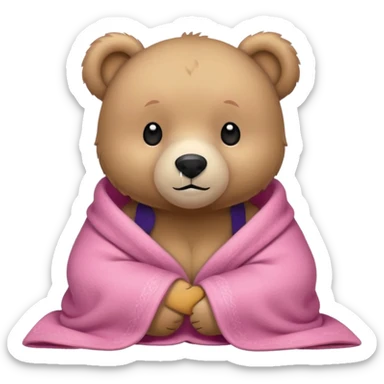 cuddly bear with a pink blanket wrapped around him sticker