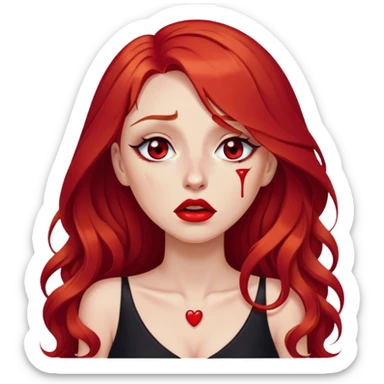 a crying woman with long red hair and red eyes. The woman wear a black little cutted dress. She have red lipstick and she have a seductive look. She cry tears sticker