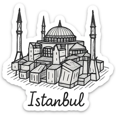 Isometric illustration of Istanbul, featuring real photorealistic Hagia Sophia with ts large central dome and four tall minarets, with real transparent background sticker