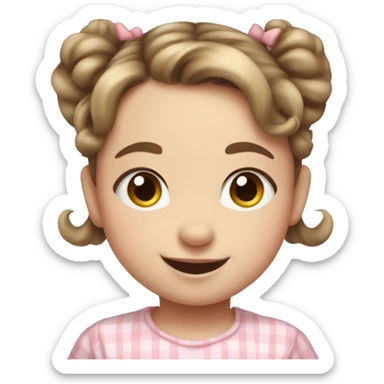 A toddler girl with 2 tiny pig tails on top of her hair with tiny bows, fair skin, blue eyes, brown hair, smiling, wearing a pastel shirt sticker