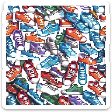 a pile of sneakers in pixel art style sticker