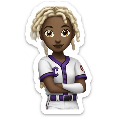 baseball card character. black girl. blonde locs. letter C logo. Purple and white uniform.  sticker