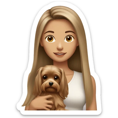 Brunette long hair light tan girl with beige yorkie puppy sticker