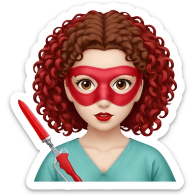 Lilith symbol seductress evil surgeon. Hair curly, and brown. Long curly brown hair. Red surgical mask and hair covering. She works for cartel and kills  with a scalpel. sticker