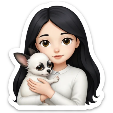 A girl with fair skin, long black hair, white clothes, gently, with her head tilted, holding a black Chihuahua tightly in her hands sticker