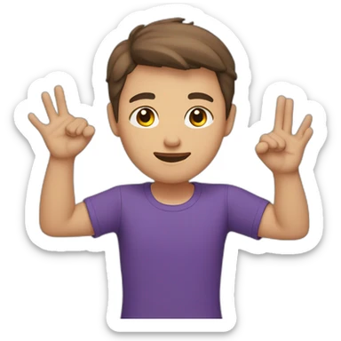 young man raising his hand, brown short hair, purple t-shirt, white skin, head large sticker
