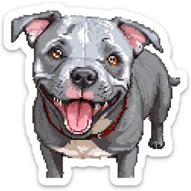 round circle puppy head full grey bleu staffy, big open mouth, big tongue out, stupid expression sticker