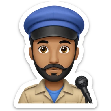 arabic streamer man with short black beard, short black mustache, black eyebrows, and a cap, with a microphone sticker