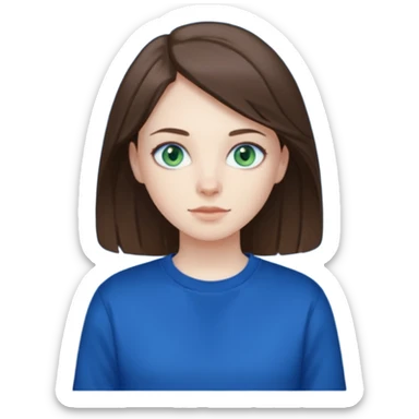 blue/green eyes , pale skin , brunette hair , white t-shirt with a dark blue sweatshirt over too sticker