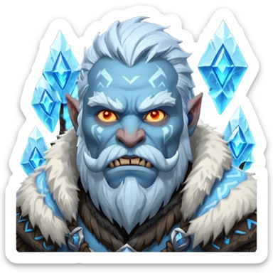 Legendary fantasy orc Christmas portrait icon, Frostfather and Snow Maiden inspired, primal winter god style, massive icy beard, glowing blue eyes, heavy fur coat, tribal frost runes, powerful brutal presence, blizzard atmosphere, clean stylized emoji icon, male/female variant
 sticker