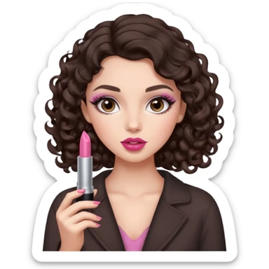 A dark brown hair little curl hair like 6 mm. roll looks so beautiful, she has an round and almond eyes with long and curl eyelashes in Douyin style, one of her hand carrying a lipstick looks similar to Rhode pink lip, her make up is cool tone and neutral style   sticker