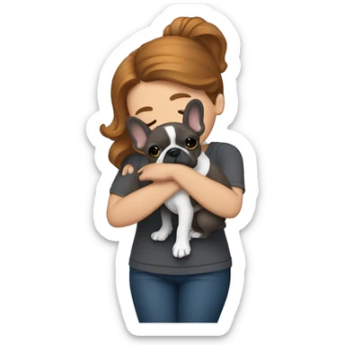 caramel hair woman hugging dark gray french bulldog sticker