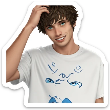 smiling boy in white shirt sticker
