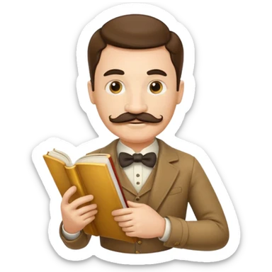 gentleman with moustache holds a book and reads it, golden gradient background sticker