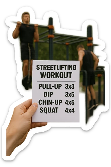 a close-up of a hand holding a printed streetlifting workout routine, with the exercises and sets written in bold text. In the background, an outdoor gym with pull-up bars, dip stations, and athletes wearing weighted belts. The lighting is natural, and the mood is motivational. sticker