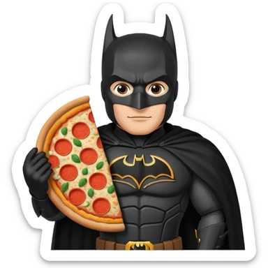 batman, wearing black ancient custome, with pizza sticker