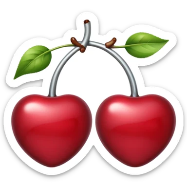 A pair of cherries emoji made of polished silver chrome, smooth rounded shapes, glossy metallic finish, soft highlights and reflections, cute proportions, iOS emoji style, centered, clean white background, no text sticker