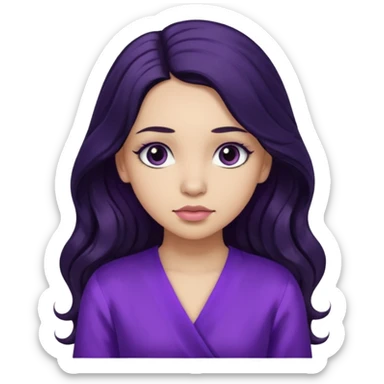  موهاش بلند و موج دار مشکی باشه و اینکه مژه هاش یکم بلند باشه دخترکی با تیپ بنفش و حالت متفکر sticker