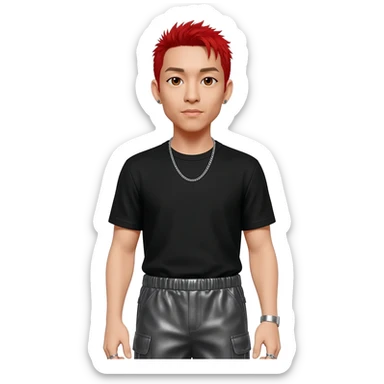 Mike Shinoda with brown eyes, red hair, black metallic t-shirt, charcoal metallic baggy pants, silver necklace sticker