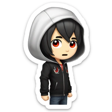 masterpiece, anime style, chibi, illustrated logo, medium short shot, twitch emote of a boy with red eyes, black hair, white locks, shoulder length hair, black jacket. sticker