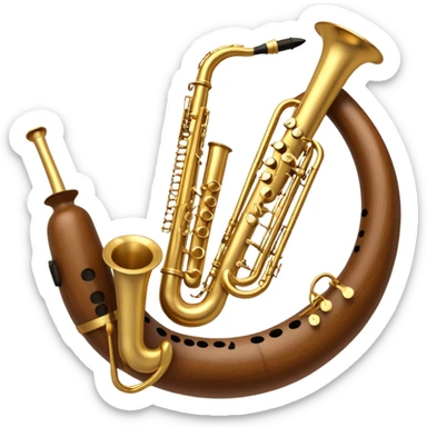 Create a balanced and harmonious emoji that represents traditional wind instruments like duduk, recorder (block flute), piccolo, and others. The design should feature these instruments arranged in a semi-circle or gentle arc to create a sense of unity. Each instrument should be visible but not overpowering, creating a harmonious composition. Add subtle musical notes flowing between the instruments to symbolize their connection through music. Use warm, earthy tones like wood brown, gold, and ivory to reflect the organic, classical feel. The background should be transparent. sticker