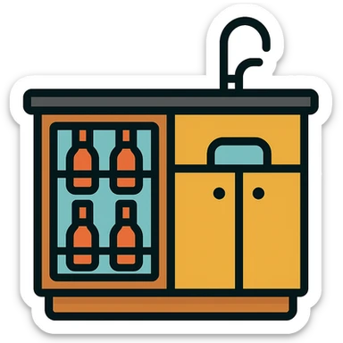 Wet bar with wine fridge and sink, wood cabinets, color outline icon style, transparent background sticker