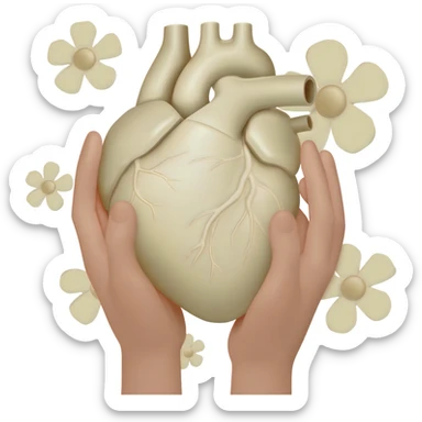 Realistic hands are holding light beige human heart with beige flowers sticker