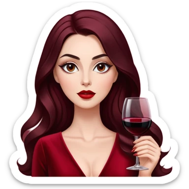 Glamorous woman with radiant fair skin, elongated face, large dark almond eyes with dramatic eyeliner, thick defined eyebrows, full red lips, long dark straight hair with soft waves at ends, wearing wine red velvet V-neck dress, confident expression sticker