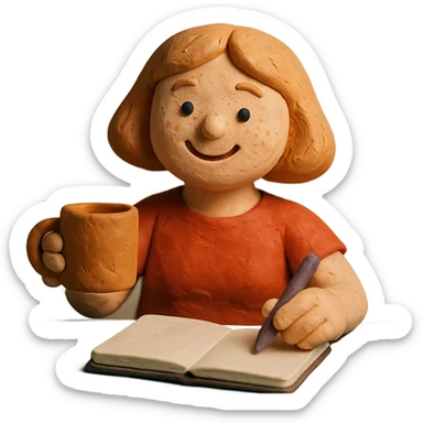 happy light-skinned female author, strawberry blonde page haircut, round face, freckles, smiling, with a coffee mug and sketchbook sticker