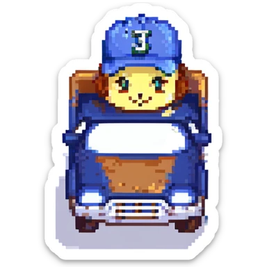 cute dump truck in navy blue and teal green, with a Mariners baseball cap, pixel art style sticker